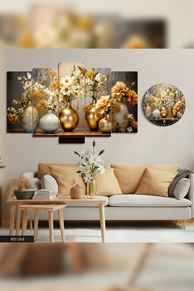 Gold Vazoda Çiçekler  5 Parça Mdf Tablo Saat Set - 1