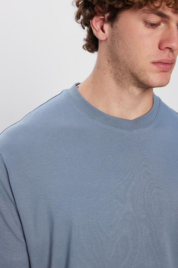 Unisex Relax Fit Rahat Kesim %100 Pamuk Yumuşak Dokulu Hafif Kalın Basic Bisiklet Yaka Mavi Tişört - 5