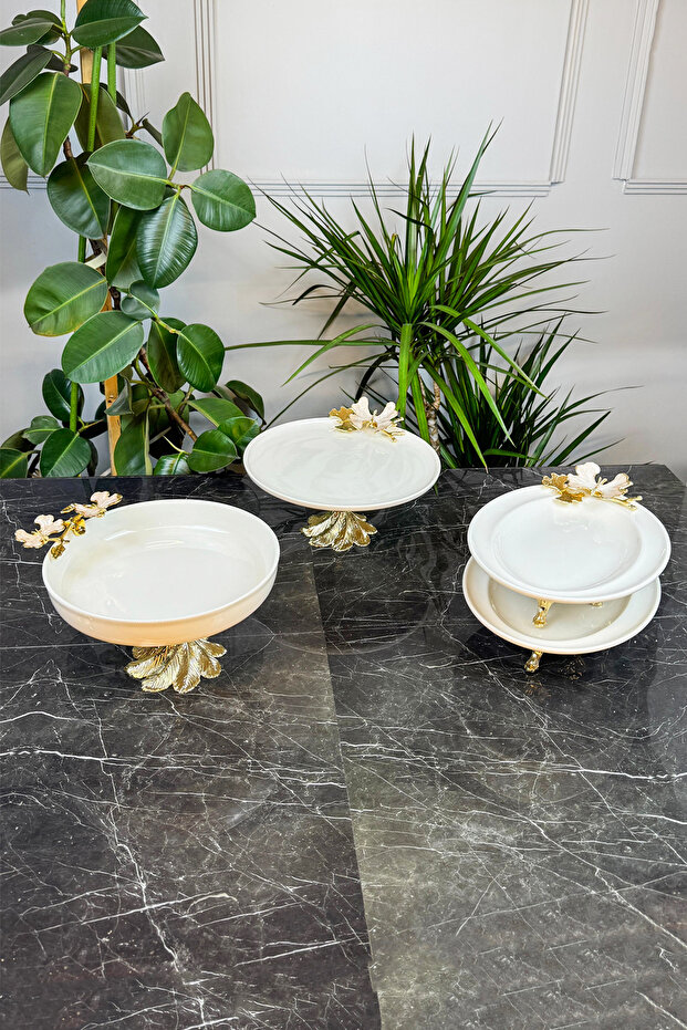 Butterfly Kand Footed Porcelain Bowl and Plate Presentation Set & Metal Footed Salad Dish Presentation Set