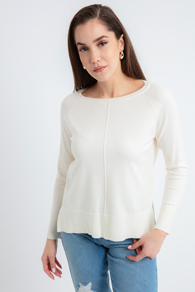 Women's Ecru Boat Neck Sweater with Side Slits