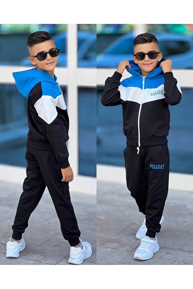 Boy's Hooded Zippered 2Ip Bottom Top Tracksuit Set