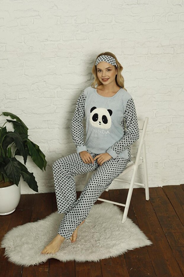 Women's Polka Dot Bottom Fleece Top Winter Pajama Set 02129
