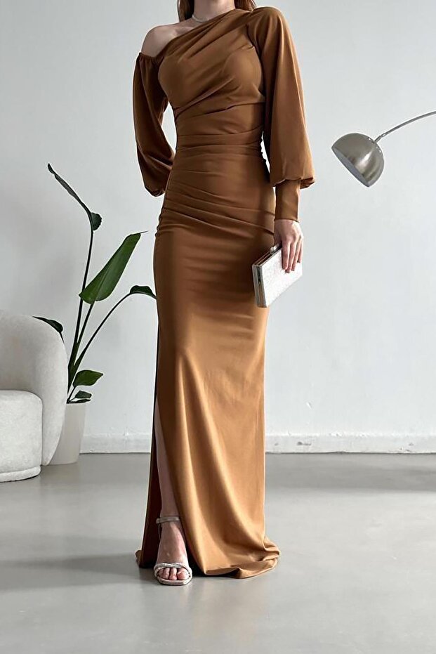 Brown One Shoulder Open Detail Imported Crepe Fabric Maxi Length Long Sleeve Dress
