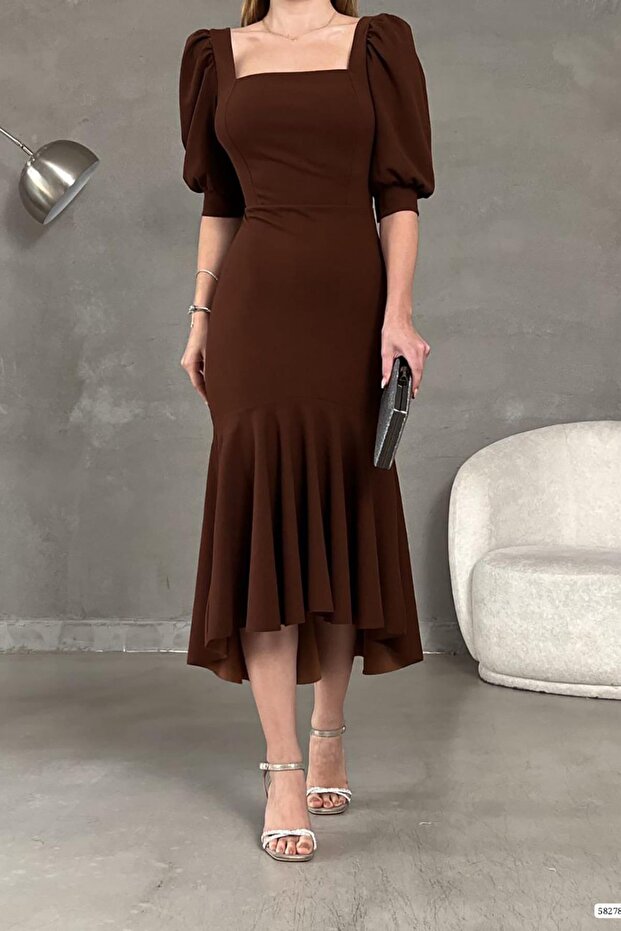 Brown Crepe Fabric Square Neck Balloon Sleeve Fish Model Midi-Length Dress