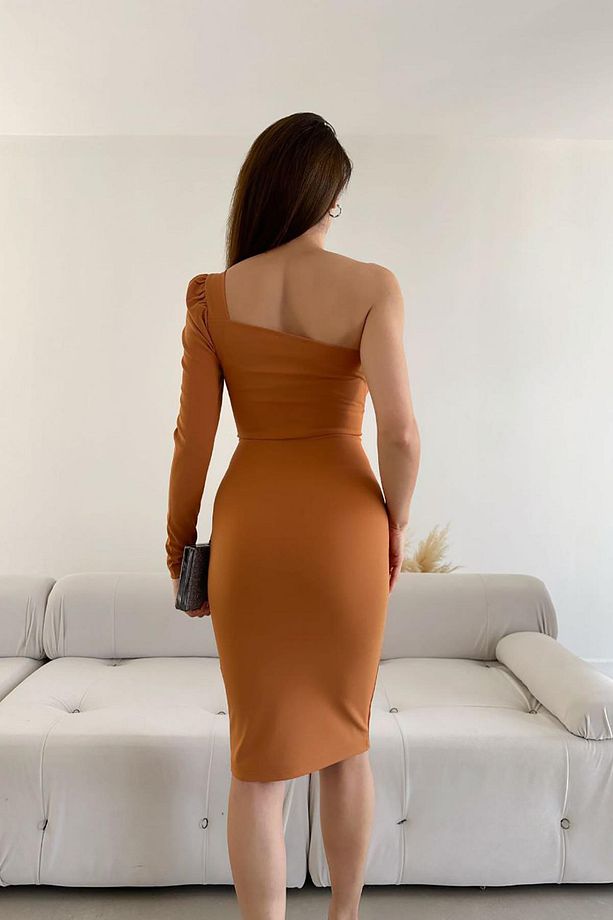Taba Rengi Tek Kol Midi Boy Krep Kumaş Elbise - 5