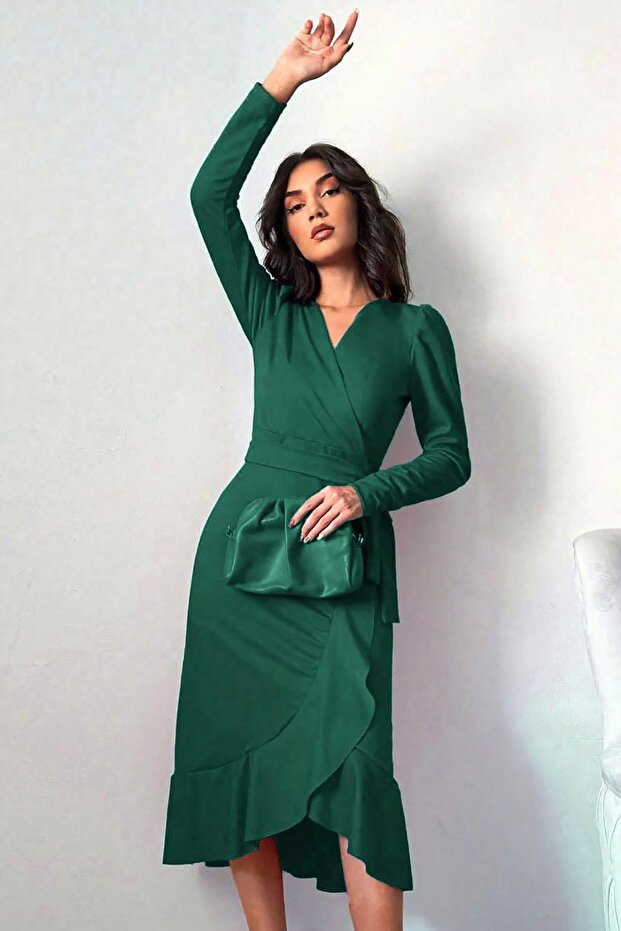 Green Crepe Fabric Long Sleeve Belted Midi Dress