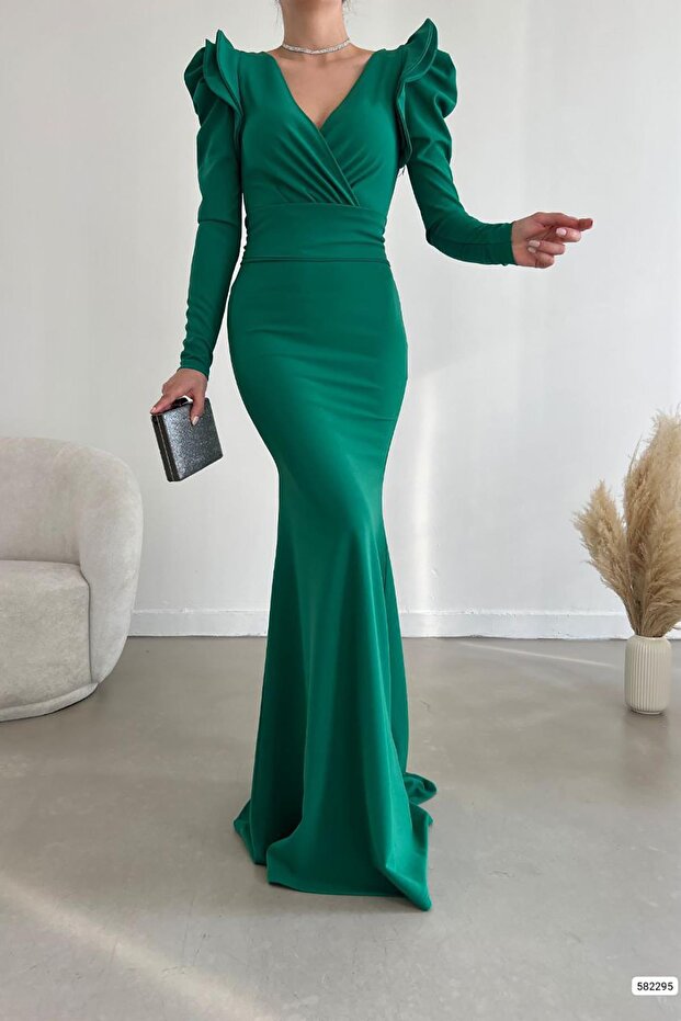 Green Shoulders Flounce Detail Long Sleeve Belted Maxi Length Imported Crepe Fabric Dress