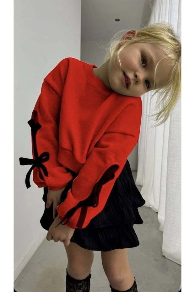 Girl's Sleeve Detailed Bow Skirt Suit