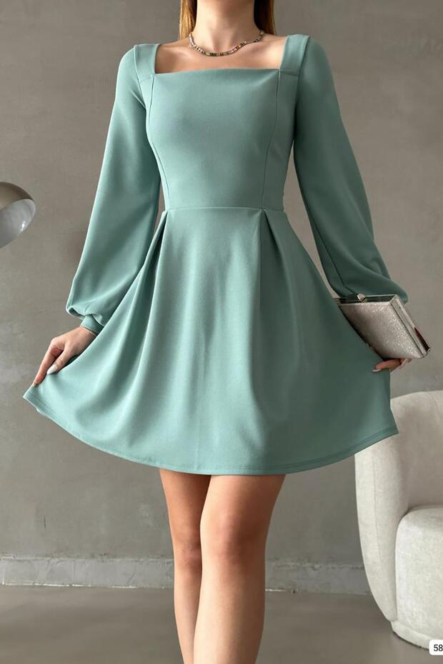 Mint Kare Yaka Uzun Kol İthal Krep Kumaş Basic Elbise - 5