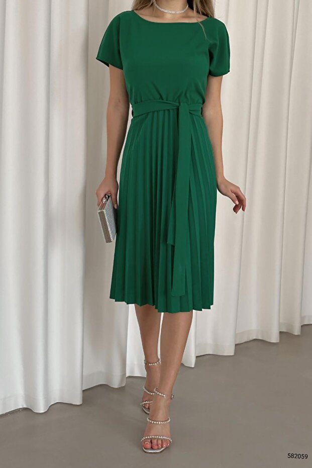 Yeşil Krep Kumaş Pliseli Elbise - 4