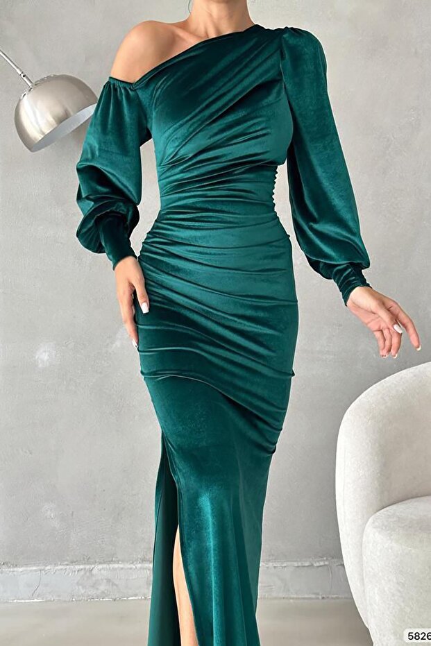 Zielona sukienka z odkrytymi ramionami, z aksamitnej tkaniny, długość maxi, z długim rękawem - 2