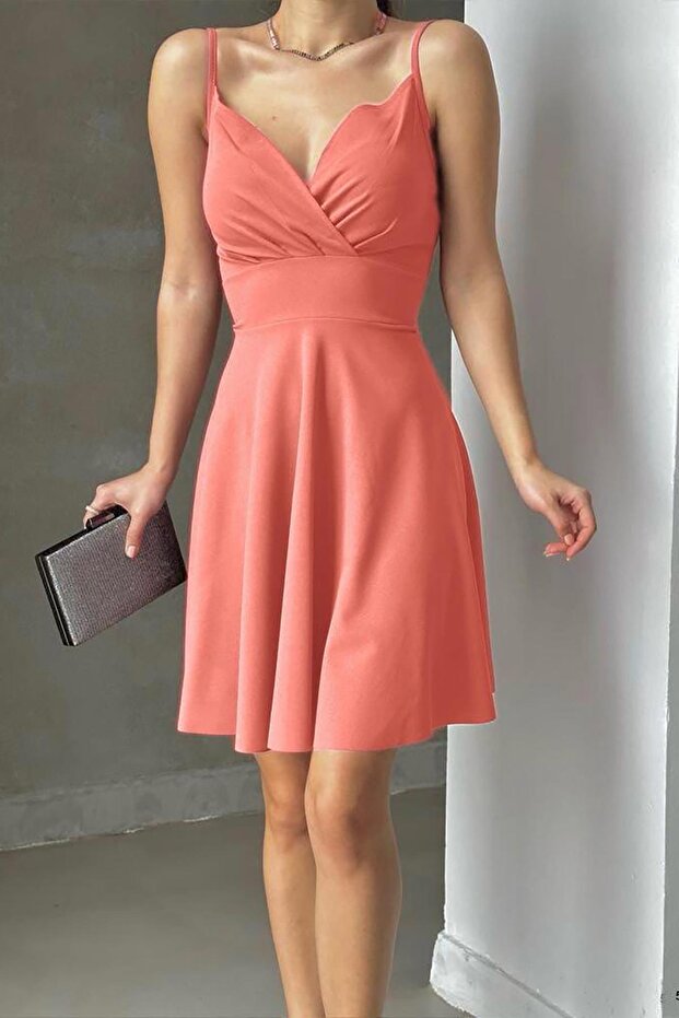 Pink Crepe Fabric Thin Strap Flared Dress