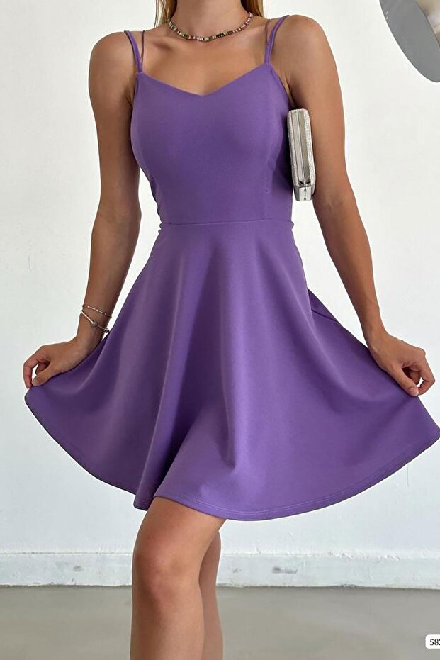 Lilac Thin Strap Back Detail Imported Crepe Fabric Dress