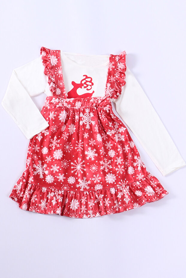 Velvet Patterned Girls' Dress - New Year's Badi, Snowflake - D4