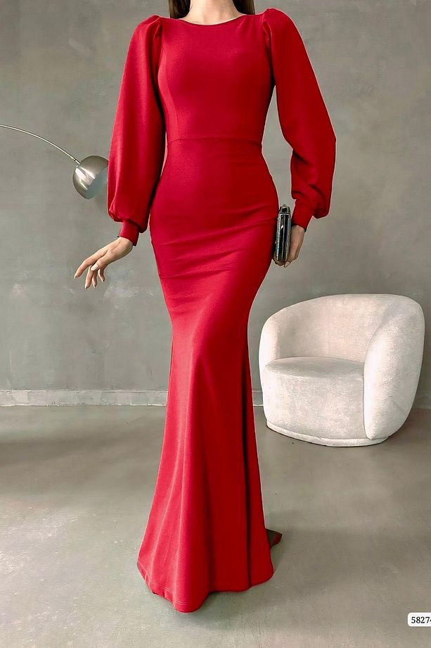 Kırmızı Balon Kol Balık Model Maxi Boy İthal Krep Kumaş Elbise - 2