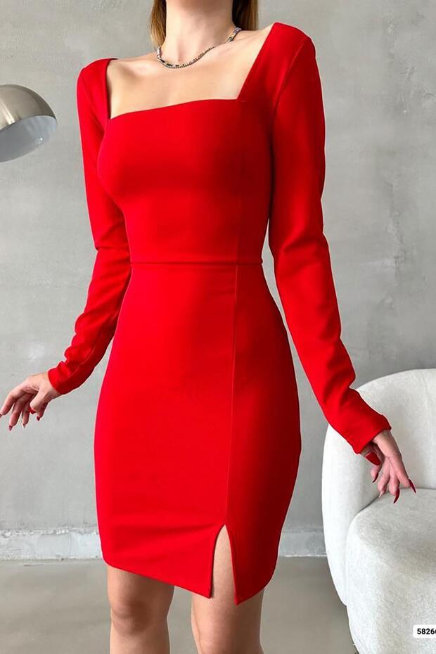 Red Square Neck Long Sleeve Slit Detail Imported Crepe Fabric Dress