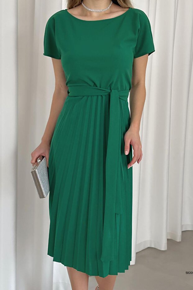 Yeşil Krep Kumaş Pliseli Elbise - 7