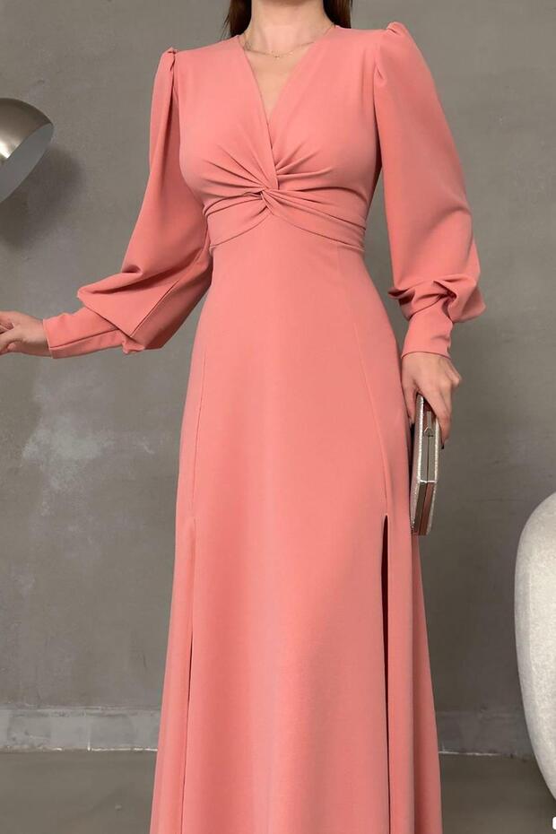 Púder krepp szövet elülső csomó részlet Maxi hosszúságú, hosszú ujjú dupla hasított ruha - 2