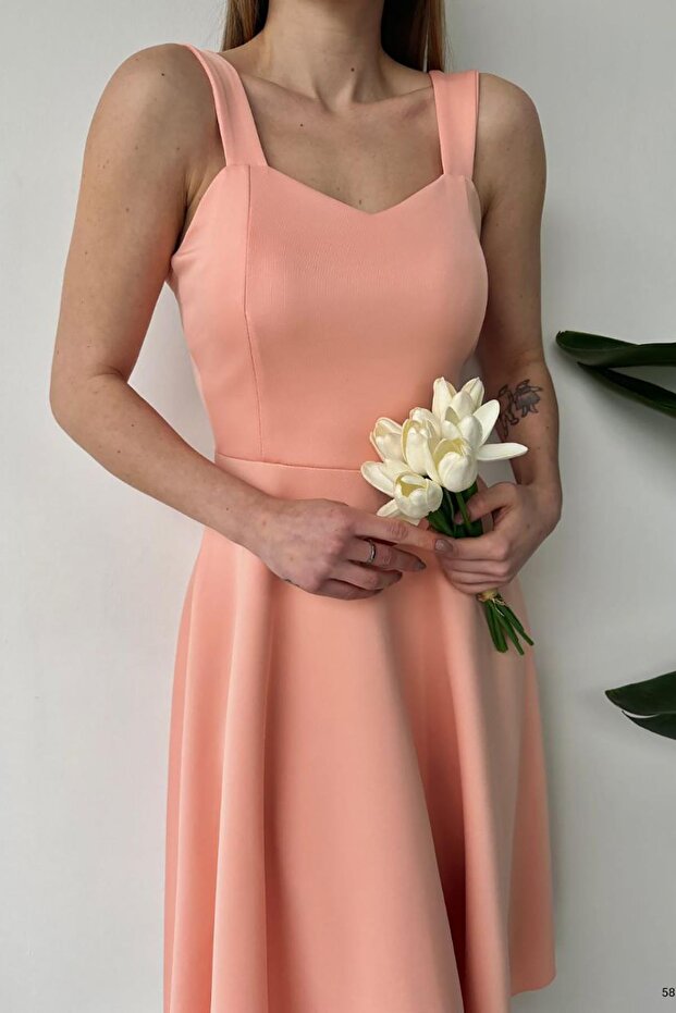 Pudra Kalın Askılı Scuba Kumaş Elbise - 5