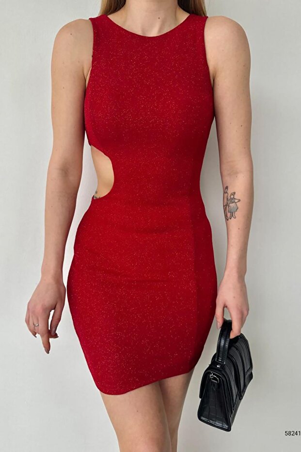 Red Bodycone Cut-out Mini Size Glittery Fukuro Fabric Dress