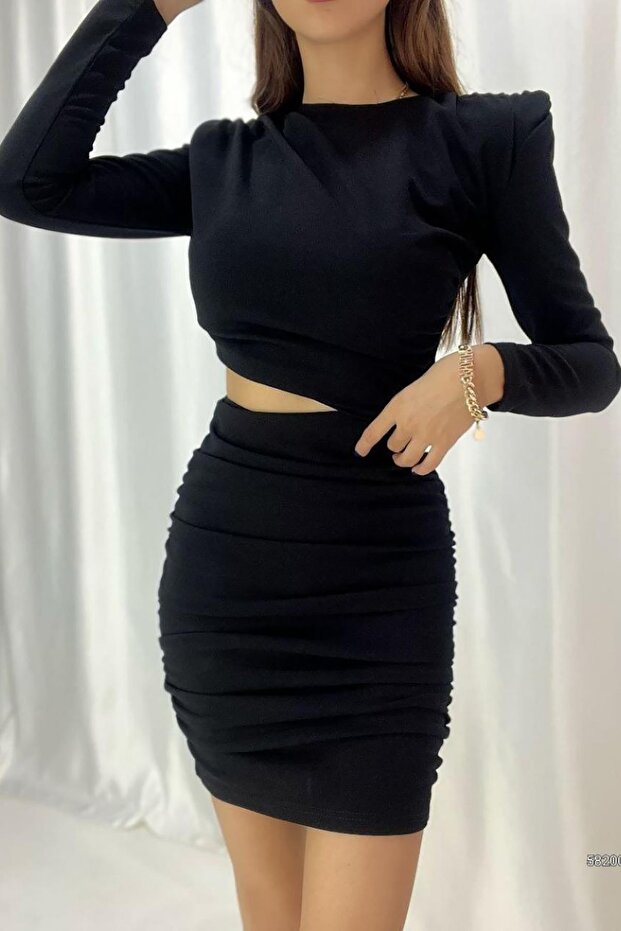 Black Waist Cutout Long Sleeve Padded Shoulders Imported Crepe Dress
