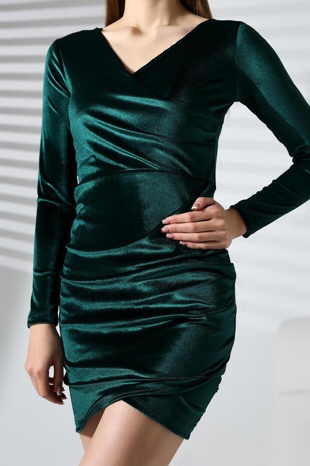 Emerald Green Gathered Double Breasted Collar Velvet Fabric Dress