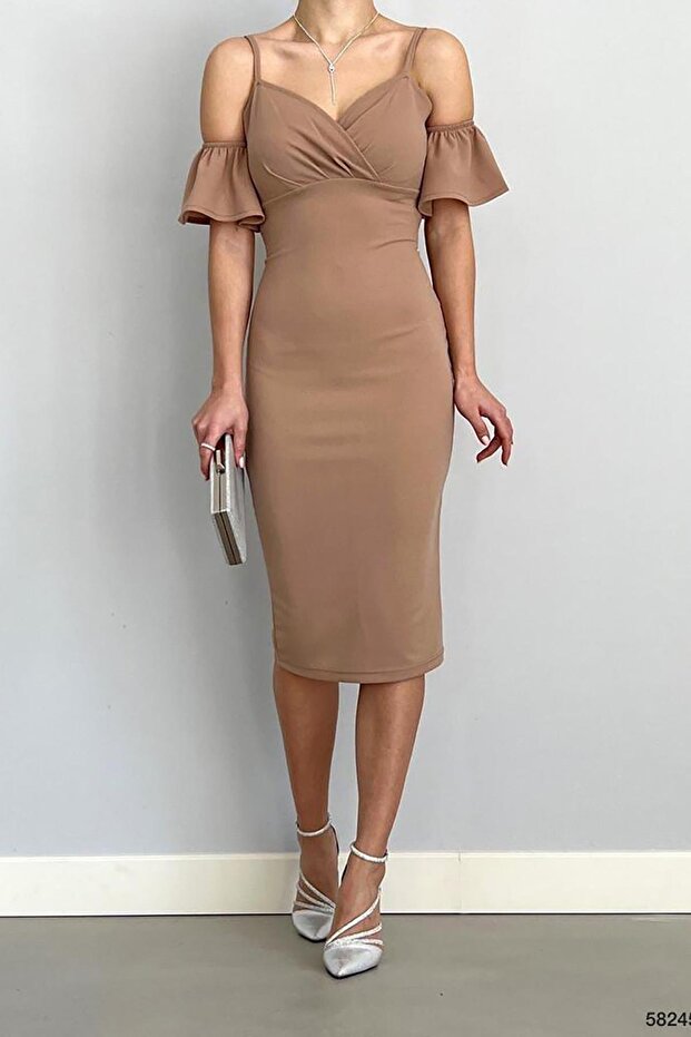 Brown Crepe Fabric Shoulder Detailed Dress