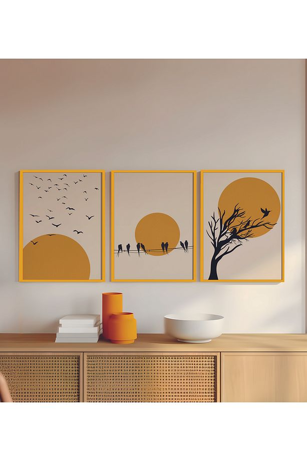 Doğal Ahşap Çerçeveli Ağaç Kuş Güneş Desenli 3'lü Minimalist Tablo - 1