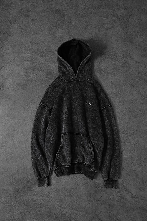 Erkek Antrasit Basic Yıkamalı Kapüşonlu Oversize Sweatshirt - 1