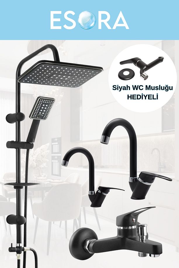 Siyah Robot Duş Seti  Banyo Bataryası 4’lü Set + WC Musluğu - 1