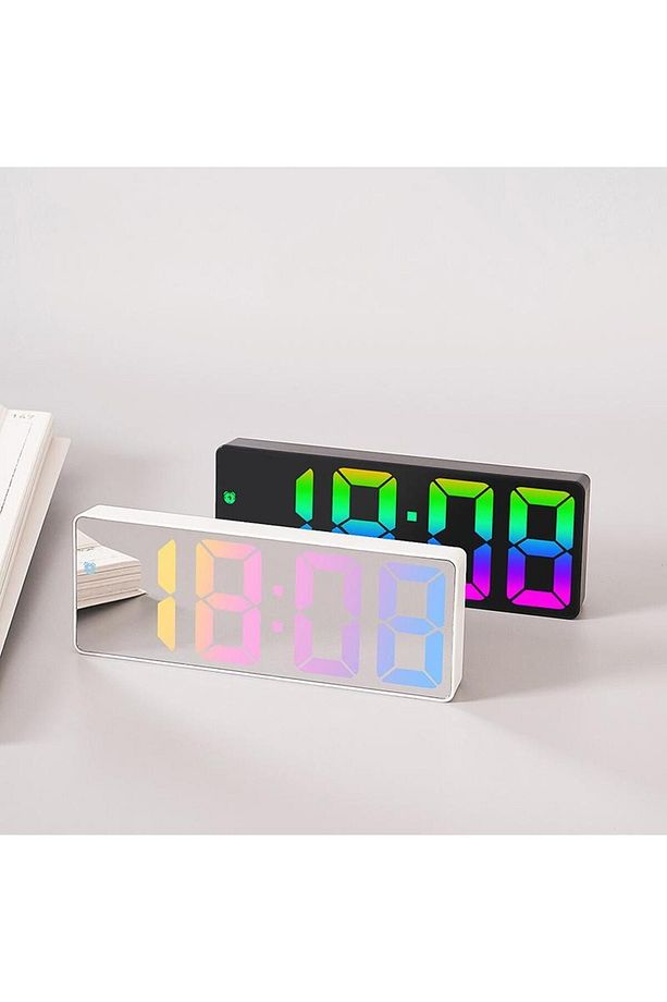 Rgb Renkli LED Ayna Tasarımlı Dekoratif Ses kontrollü Dijital Termometre Saat Alarm Çalar Saat - 1