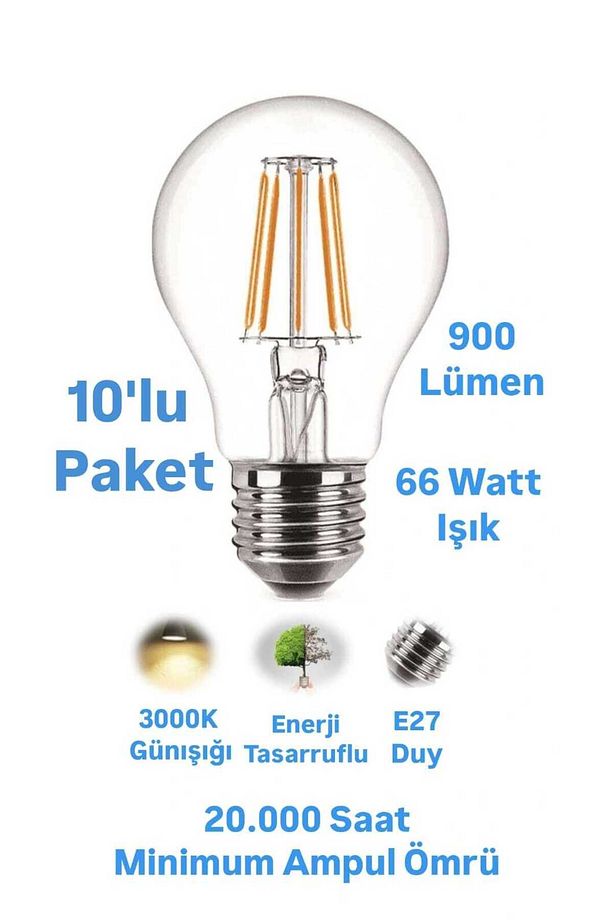 10 Adet 8w-66w Rustik Led Ampul Günışığı E27 Duylu Flamanlı Dekoratif Ampul 900 Lümen - 1