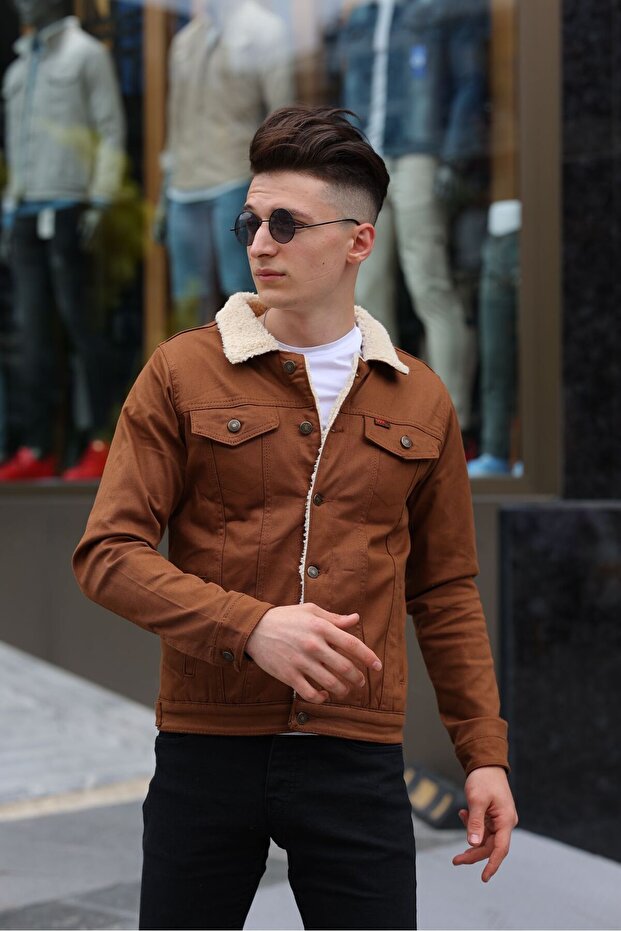 Men's Black Denim Jeans Jacket with White Fur Inside