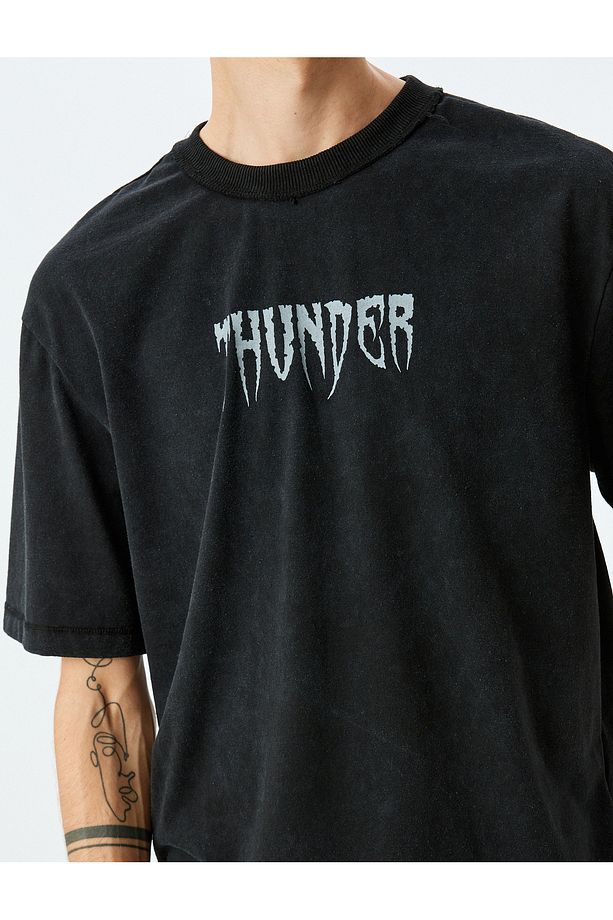 Bisiklet Yaka Kısa Kollu Oversize Slogan Baskılı Tişört - 5