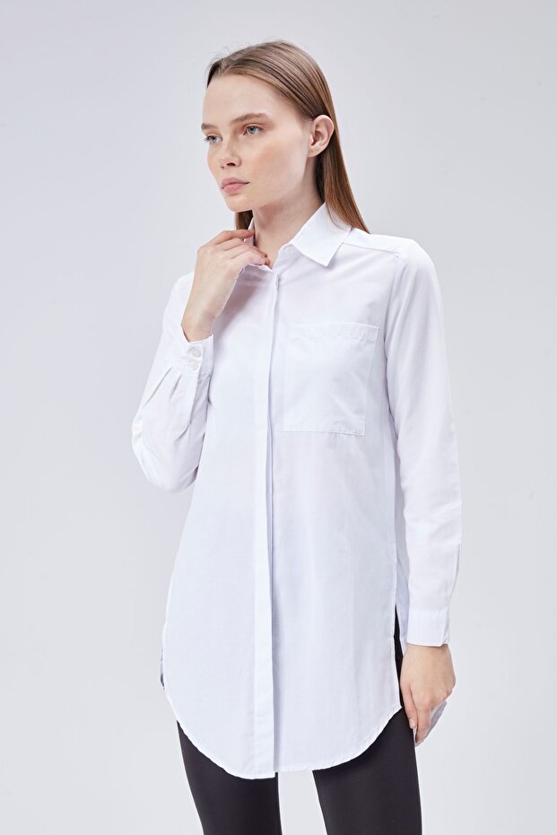 Beyaz Oversize Uzun Basic Poplin Gömlek - Beyaz - 2