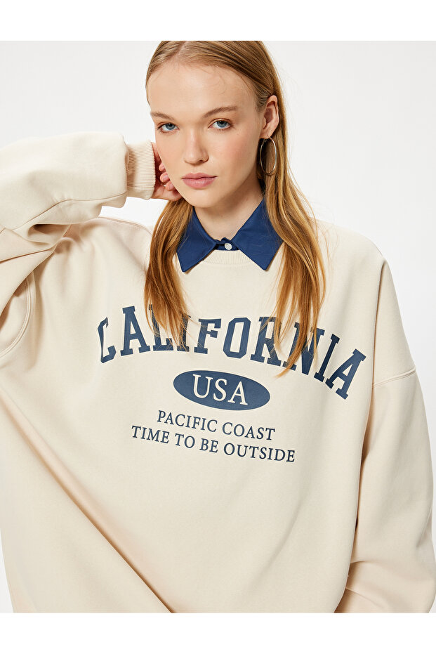 Oversize Sweatshirt College Printed Long Sleeve Crew Neck Ribbed