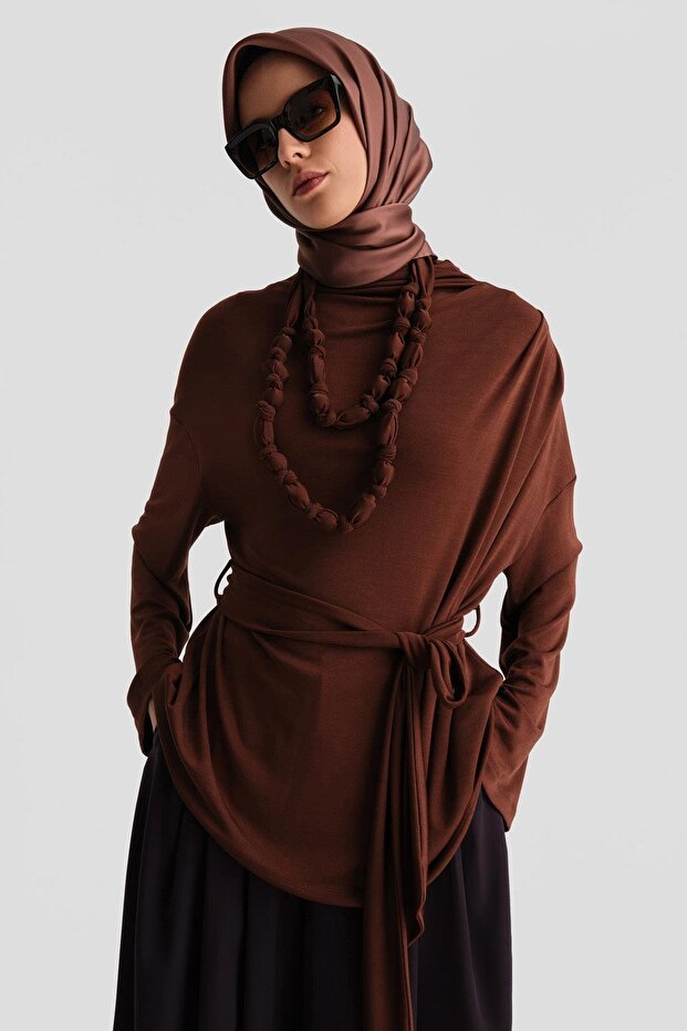 Red Brown Draped Blouse - Necklace Detail, 24K3614