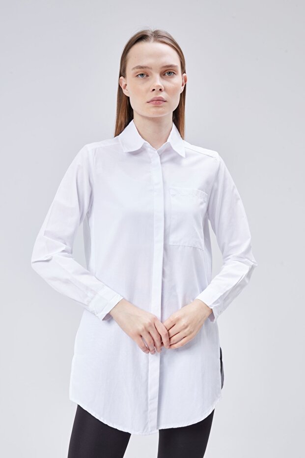 Beyaz Oversize Uzun Basic Poplin Gömlek - Beyaz - 1