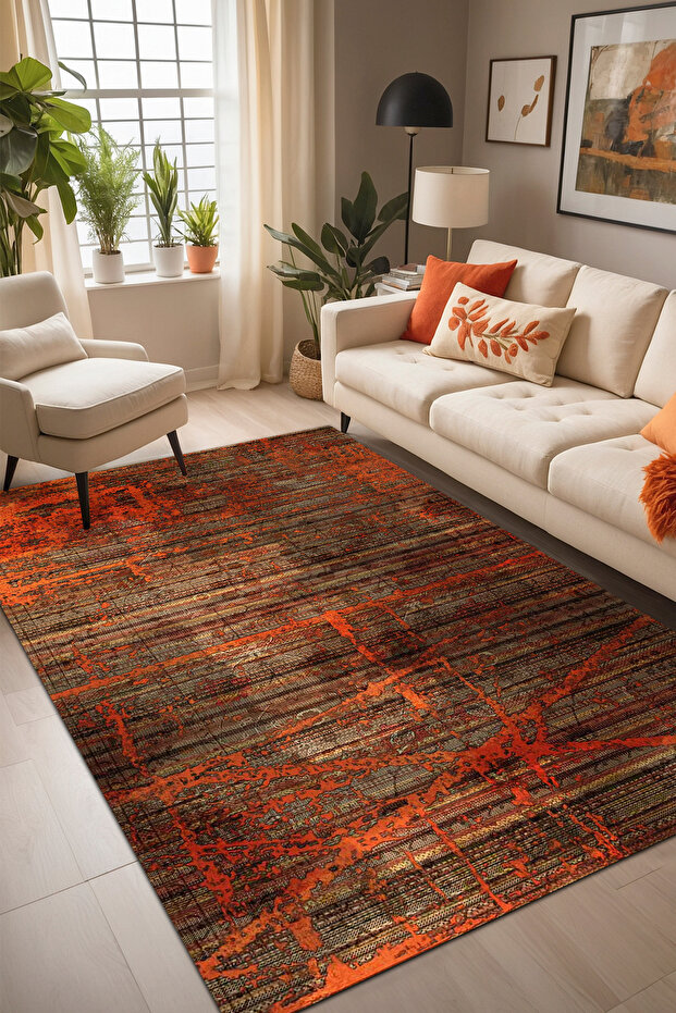 Riley Desenli Pamuk Tabanlı Yıkanabilen Kaydırmaz Antibakteriyel Şönil Salon Halısı - 1