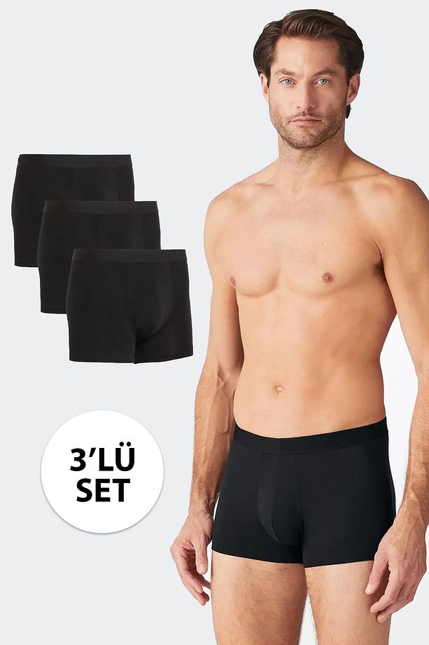 Erkek 3'lü Modal Yumuşak Dokulu Boxer Set Siyah - 1