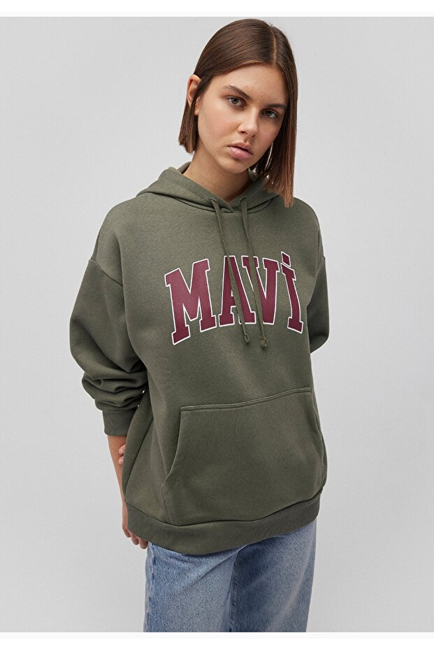 logo baskılı kapüşonlu haki oversize sweatshirt - 2