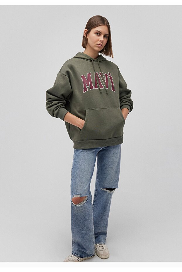 logo baskılı kapüşonlu haki oversize sweatshirt - 1