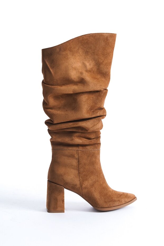 Kc Taba Süet Kalın Topuklu Kürüklü Kırışık Çizme - 4