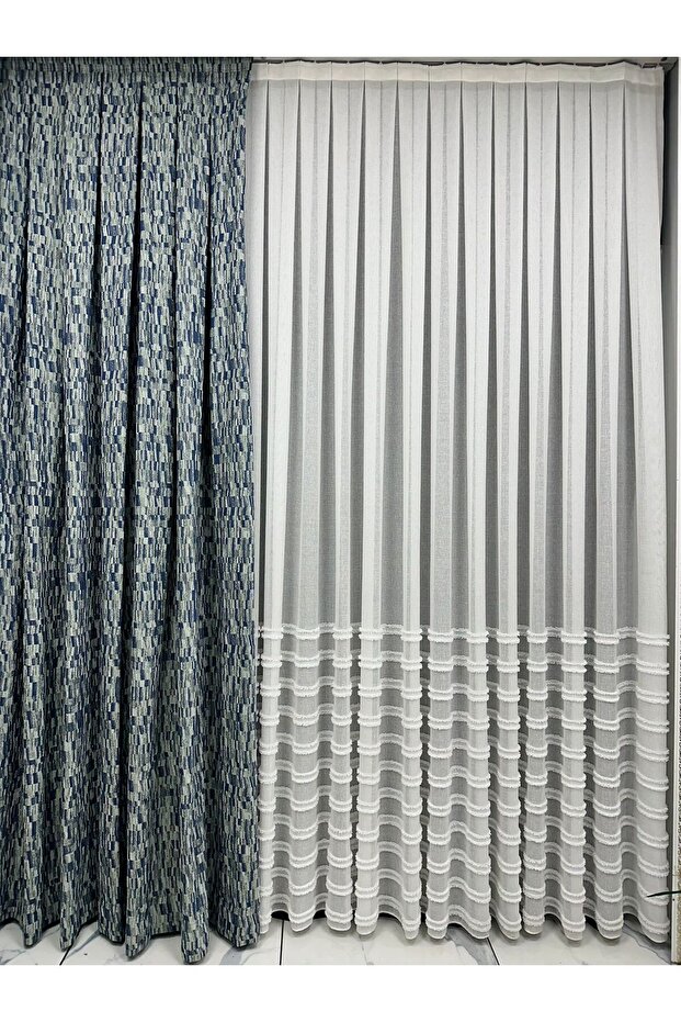 Blue Detailed Aqua Green Floor Background Curtain 1/3 Close Pleat