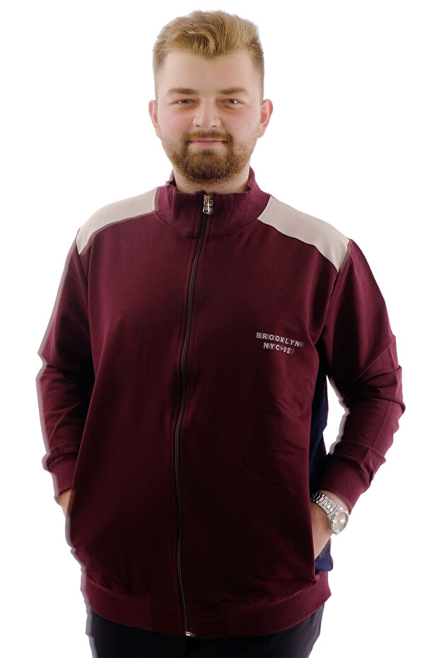 Fashion XL Large Size Men's Sweatshirt with Stand Collar and Zipper Brooklyn U24522 Plum