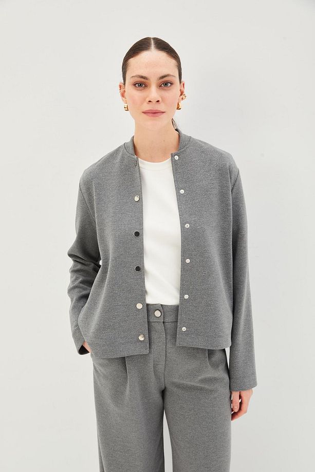 Düz Kesim Çıtçıt Düğmeli Regular Örme Simli Sweatshirt - 2