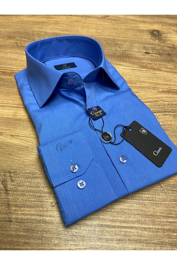SlimFit Kolay Ütülenelebilir Koyu Mavi Poplin Uzun Yaka Gömlek - 1