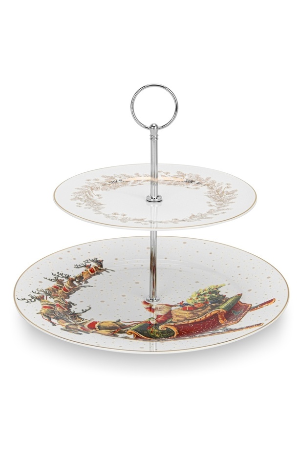 2-Tier Fruit Stand -19cm/27cm Serving Plate, 22cm Stand- Christmas Themed-Design Cake Stand