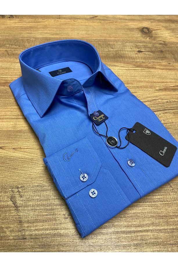 SlimFit Kolay Ütülenelebilir Koyu Mavi Poplin Uzun Yaka Gömlek - 4