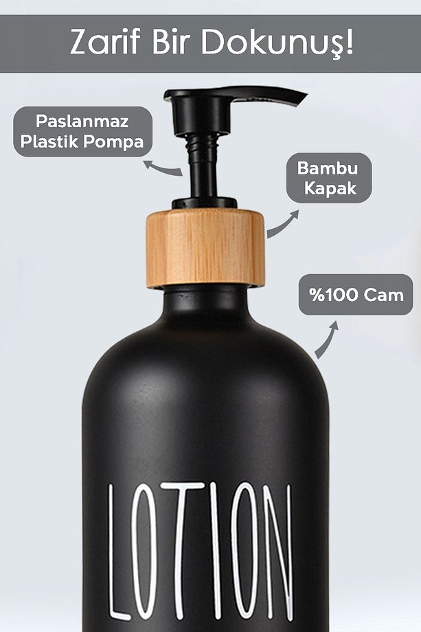 1 Adet Banyo Sıvı Sabunluk - Cam Losyon Şampuan Şişesi 500 ml - Siyah - 3